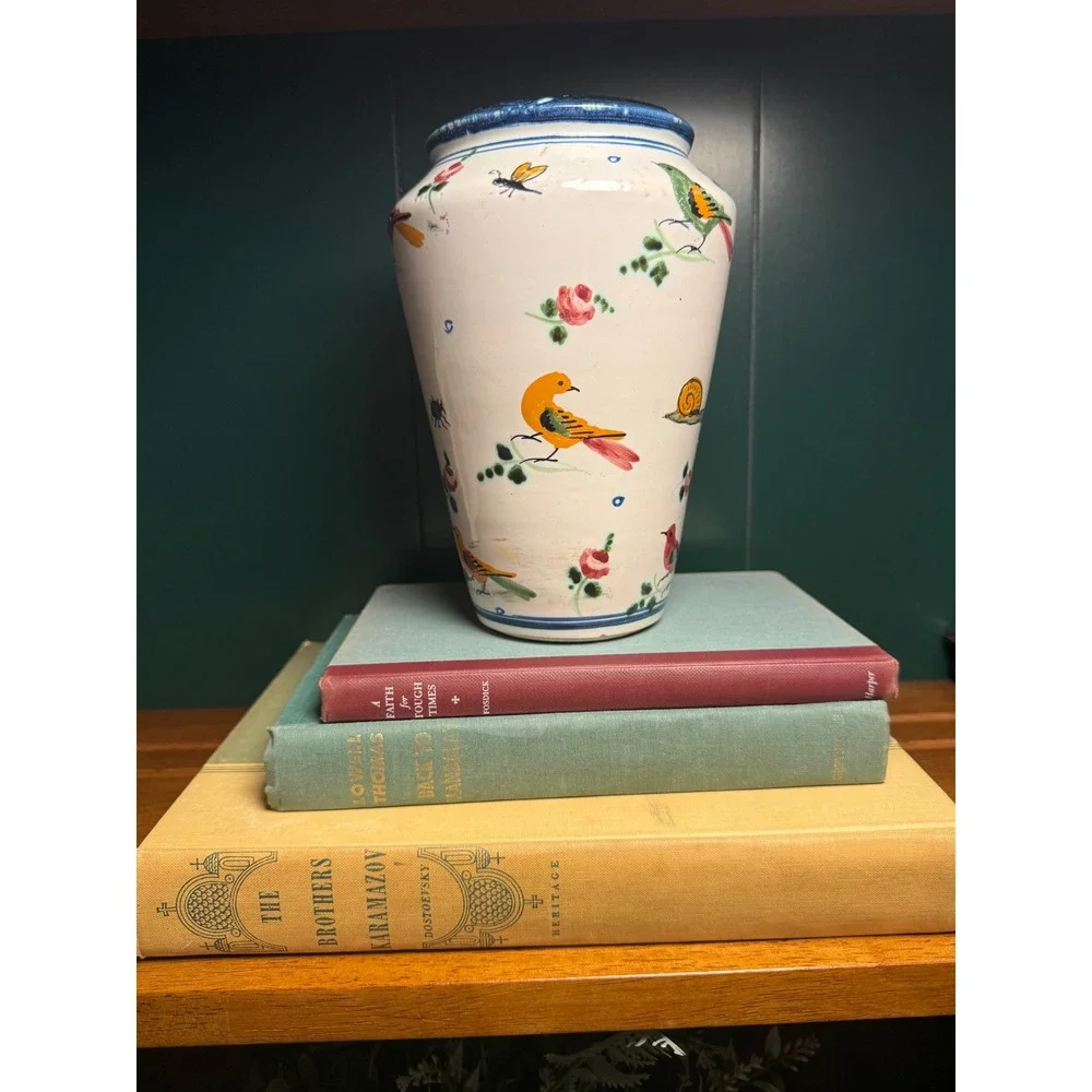 Vintage Italian Hand Painted‎ Bird Butterfly Vase Whimsical Cottagecore Italy